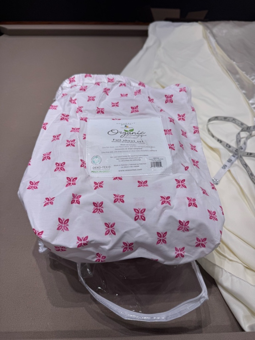 White and Pink Floral Fitted Sheet set - full double EUC 100% organic cotton